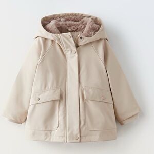 Zara Kids Unisex Beige Waterproof Rubberized Raincoat Hooded Jacket Faux Fur